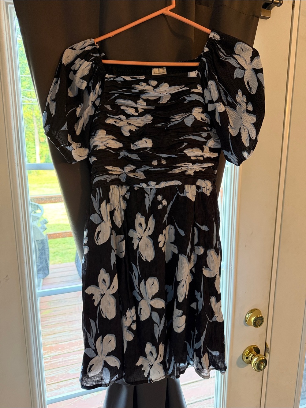 abercrombie kids Black Dress with White Floral Puff Sleeves